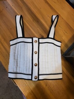 White Textured Cropped Tank with Black Trim